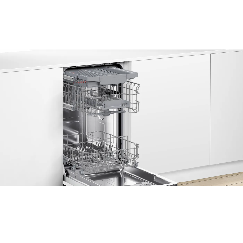 Bosch smal diskmaskin SPU4HMS10E Serie 4, helintegrerad med toppkorg & energisnå