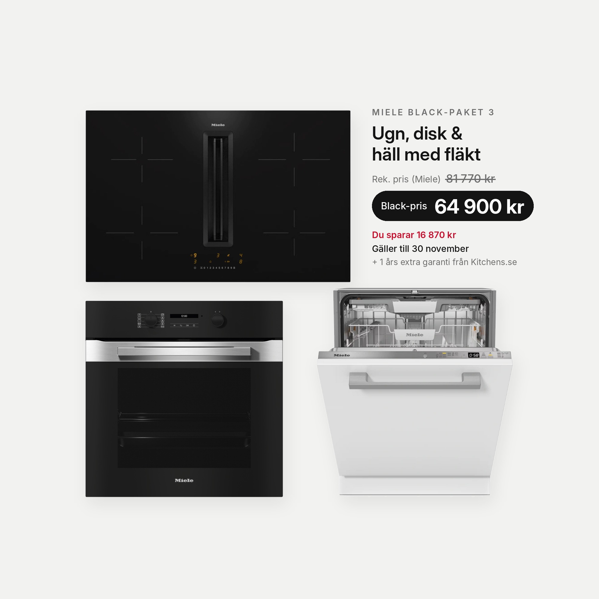 Miele Black Month Kökspaket 3 - Ugn, Diskmaskin, Häll med inbyggd fläkt
